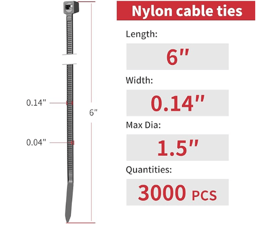 Centerline Dynamics 6" Cable Ties 40 lbs tensile Strength 1000 - pack