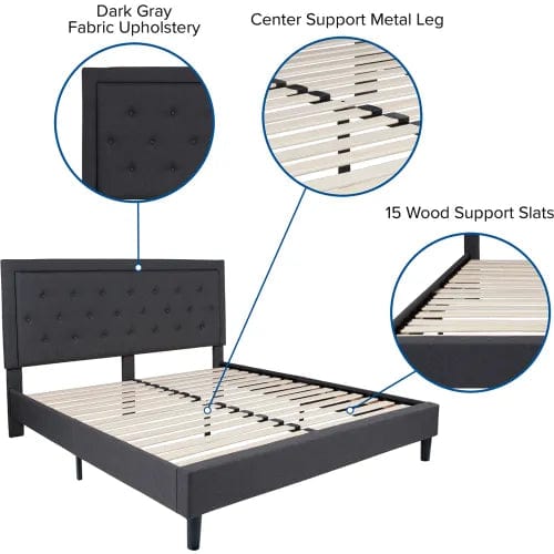 Centerline Dynamics Beds & Headboards Roxbury Tufted Upholstered Platform Bed in Dark Gray, King Size