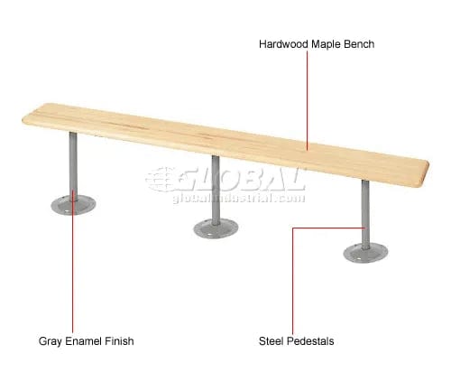 Centerline Dynamics Benches Locker Room Bench, Hardwood With Steel Tube Pedestal Legs, 108 x 9-1/2 x 17