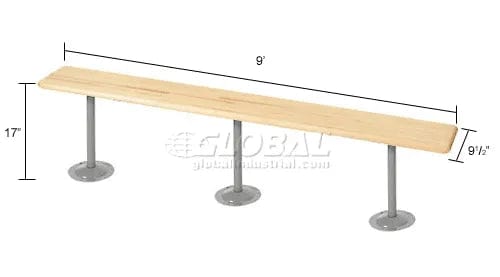 Centerline Dynamics Benches Locker Room Bench, Hardwood With Steel Tube Pedestal Legs, 108 x 9-1/2 x 17