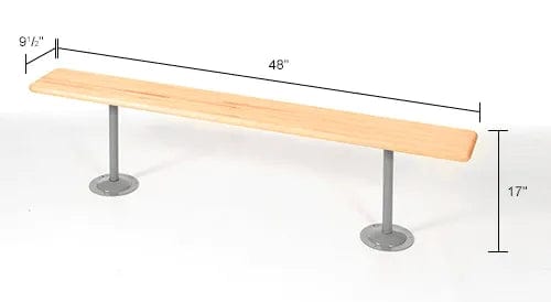 Centerline Dynamics Benches Locker Room Bench, Hardwood With Steel Tube Pedestal Legs, 48 x 9-1/2 x 17