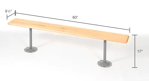 Centerline Dynamics Benches Locker Room Bench, Hardwood With Steel Tube Pedestal Legs, 60 x 9-1/2 x 17