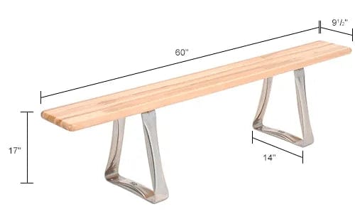 Centerline Dynamics Benches Locker Room Bench, Hardwood With Trapezoid Legs, 60 x 9-1/2 x 17