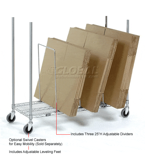 Centerline Dynamics Carton Rack Single Level Carton Stand w/ 3 Dividers, 48"L x 18"W x 38-1/2"H, Chrome
