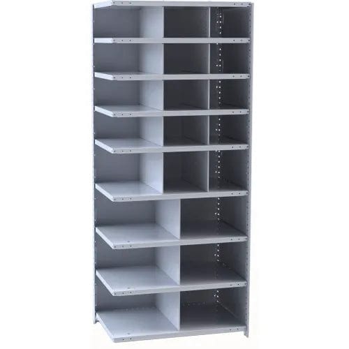 Centerline Dynamics Closed Metal Bin Shelving Adder Hallowell Hi-Tech Metal Bin Shelving 36"W x 18"D x 87"H 725 Dark Gray (12) 12"W x 9"H, (3) 12"W x 12"H, (6) 18"W x 12"H Bins