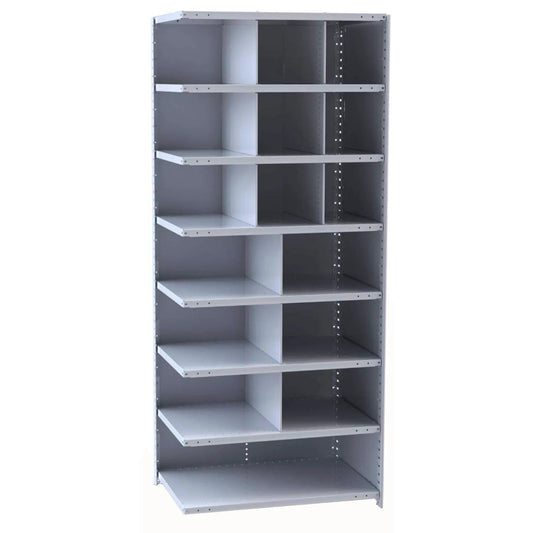 Centerline Dynamics Closed Metal Bin Shelving Adder Hallowell Hi-Tech Metal Bin Shelving 36"W x 18"D x 87"H 725 Dark Gray (9) 12"W x 12"H, (6) 18"W x 12"H, (1) 36"W x 12"H Bins