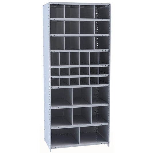 Centerline Dynamics Closed Metal Bin Shelving Starter Hallowell Hi-Tech Metal Bin Shelving 36"W x 12"D x 87"H 725 Dark Gray (12) 9"W x 9"H, (6) 6"W x 9"H, (12) 6"W x 6"H, (6) 12"W x 12"H, (2) 18"W x 12"H Bins