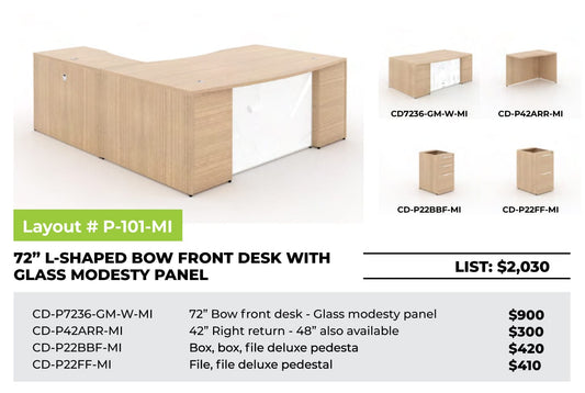 Centerline Dynamics CorpDesign Furniture CorpDesign 72" L Shaped Bow Front Desk w/ Glass Modesty Panel (#P-101-MI)