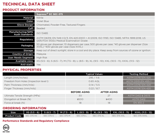 Centerline Dynamics Disposable Gloves Ansell MICROFLEX® Supreno® EC SEC-375 Nitrile Gloves, Powder-Free, Size M, 500/Case