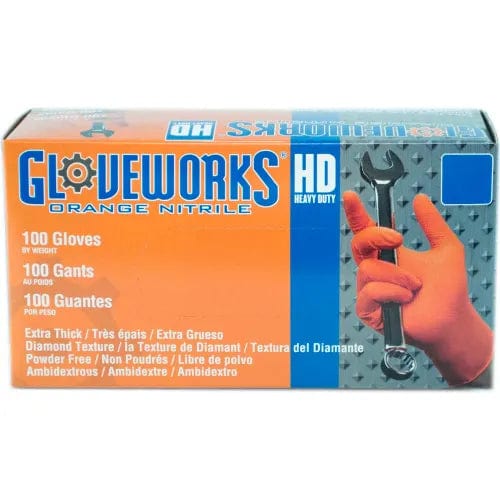 Centerline Dynamics Disposable Gloves Gloveworks Industrial Grade Disposable Nitrile Gloves, Powder-Free, Orange, XL, 1000/Case