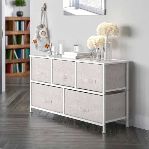 Centerline Dynamics Dresser & Nightstands 5 Drawer Wood Top Cast Vertical Storage Dresser, Light Gray Fabric Drawers, White