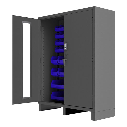 Centerline Dynamics Durham Electronic Access Control Blue Durham Access Control Cabinet, 14 Gauge, 54 Red Bins, 60 x 24 x 78