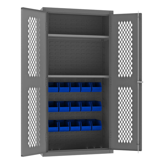 Centerline Dynamics Durham Mobile Cabinets Blue Durham Ventilated Cabinet, 14 Gauge, 2 Shelves, 15 Red Bins, 36 x 18 x 72