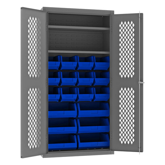 Centerline Dynamics Durham Mobile Cabinets Blue Durham Ventilated Cabinet, 14 Gauge, 2 Shelves, 18 Red Bins, 36 x 18 x 72