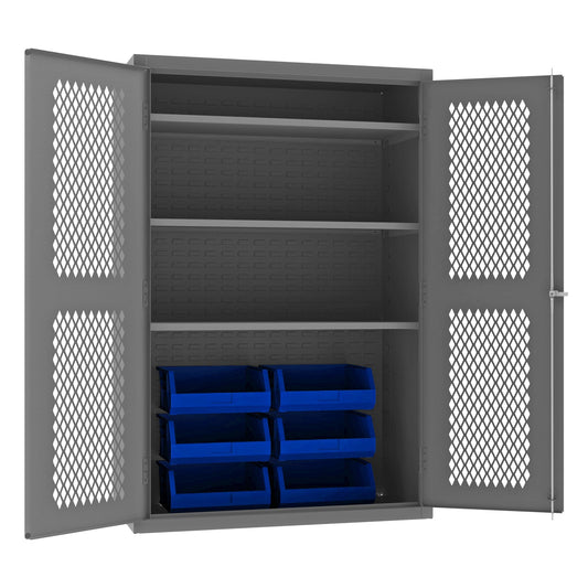 Centerline Dynamics Durham Mobile Cabinets Blue Durham Ventilated Cabinet, 14 Gauge, 3 Shelves, 6 Red Bins, 48 x 24 x 72