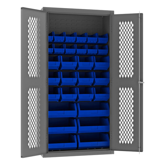 Centerline Dynamics Durham Mobile Cabinets Blue Durham Ventilated Cabinet, 14 Gauge, 30 Red Bins, 36 x 18 x 72