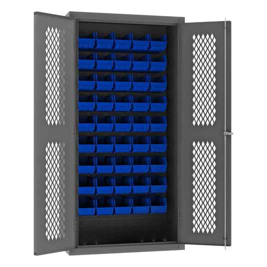 Centerline Dynamics Durham Mobile Cabinets Blue Durham Ventilated Cabinet, 14 Gauge, 45 Red Bins, 36 x 18 x 72