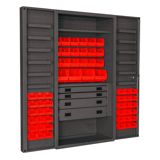 Centerline Dynamics Durham Mobile Cabinets Durham Cabinet, 14 Gauge, 4 Drawer, 2 Shelves, 12 Door Trays, 58 Red Bins , 36 x 24 x 72
