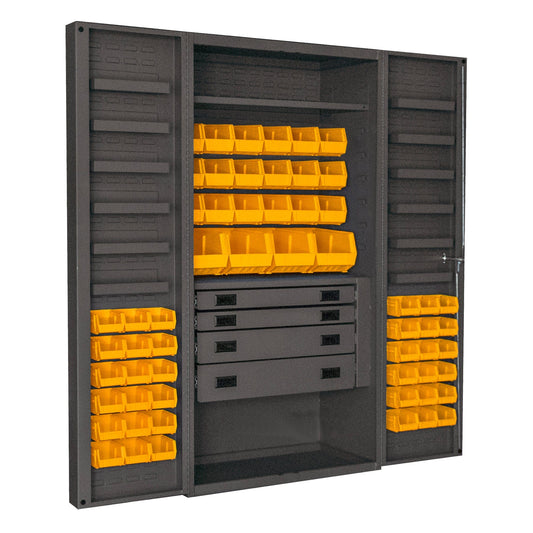 Centerline Dynamics Durham Mobile Cabinets Durham Cabinet, 14 Gauge, 4 Drawer, 2 Shelves, 12 Door Trays, 58 Red Bins , 36 x 24 x 72