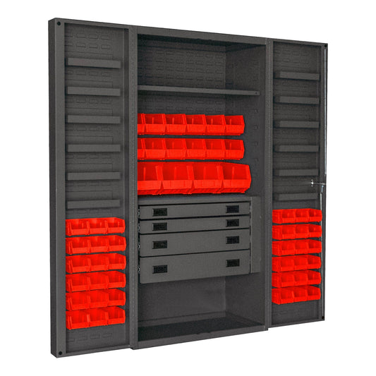 Centerline Dynamics Durham Mobile Cabinets Red Durham Cabinet, 14 Gauge, 4 Drawer, 2 Shelves, 12 Door Trays, 52 Red Bins, 36 x 24 x 72