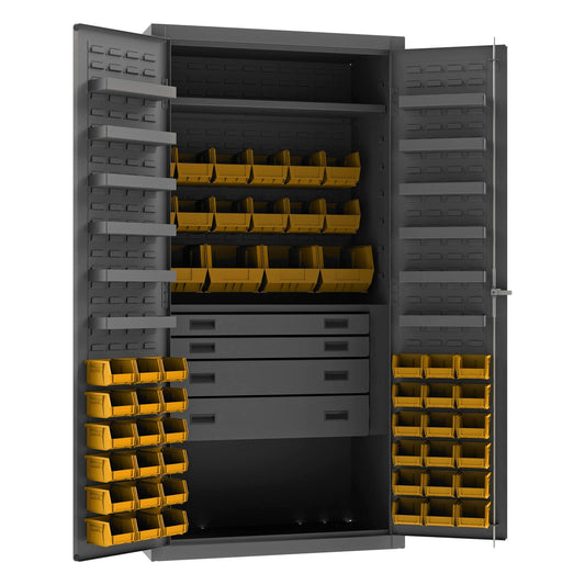 Centerline Dynamics Durham Mobile Cabinets Yellow Durham Cabinet, 14 Gauge, 4 Drawer, 2 Shelves, 12 Door Shelves, 52 Red Bins, 36 x 24 x 72