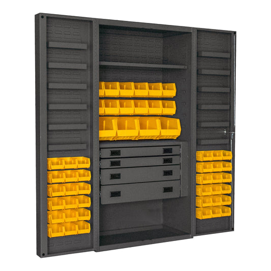 Centerline Dynamics Durham Mobile Cabinets Yellow Durham Cabinet, 14 Gauge, 4 Drawer, 2 Shelves, 12 Door Trays, 52 Red Bins, 36 x 24 x 72