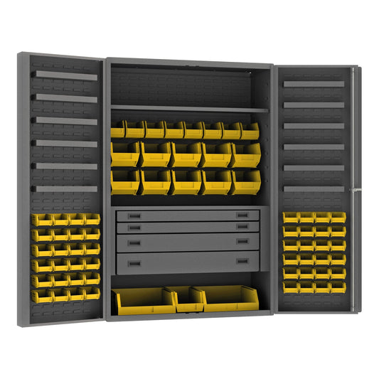 Centerline Dynamics Durham Mobile Cabinets Yellow Durham Cabinet, 14 Gauge, 4 Drawer, 2 Shelves, 12 Door Trays, 69 Red Bins, 48 x 24 x 72