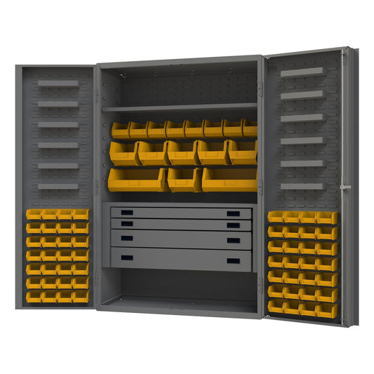 Centerline Dynamics Durham Mobile Cabinets Yellow Durham Cabinet, 14 Gauge, 4 Drawer, 2 Shelves, 12 Door Trays, 72 Red Bins, 48 x 24 x 72