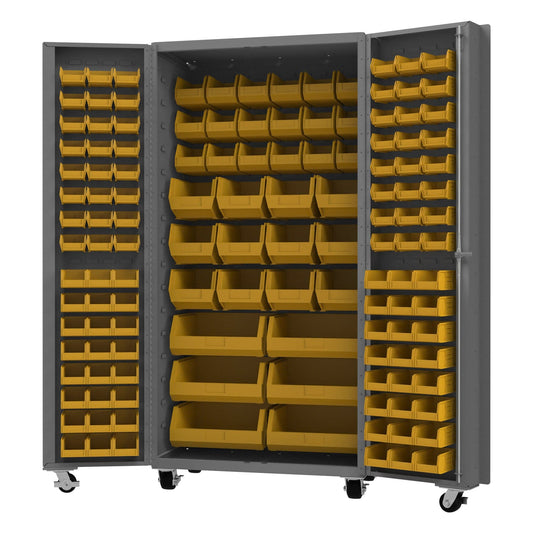 Centerline Dynamics Durham Mobile Cabinets Yellow Durham Mobile Bin Cabinet, 14 Gauge, 132 Bins, 36 x 24 x 76