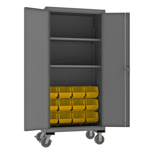 Centerline Dynamics Durham Mobile Cabinets Yellow Durham Mobile Cabinet, 12 Gauge, 2 Shelves, 12 Red Bins, 36 x 24 x 81
