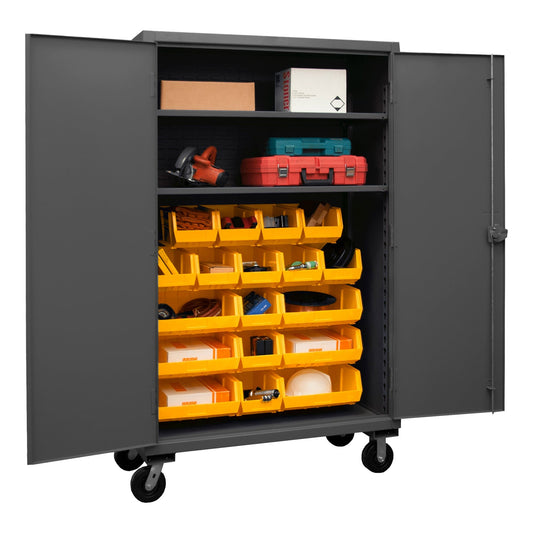 Centerline Dynamics Durham Mobile Cabinets Yellow Durham Mobile Cabinet, 12 Gauge, 2 Shelves, 18 Red Bins, 48 x 24 x 81