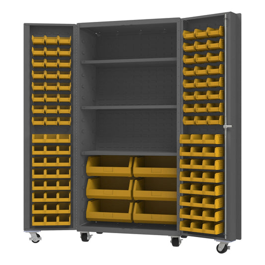 Centerline Dynamics Durham Mobile Cabinets Yellow Durham Mobile Cabinet, 14 Gauge, 102 Bins, 3 shelves, 36 x 24 x 76