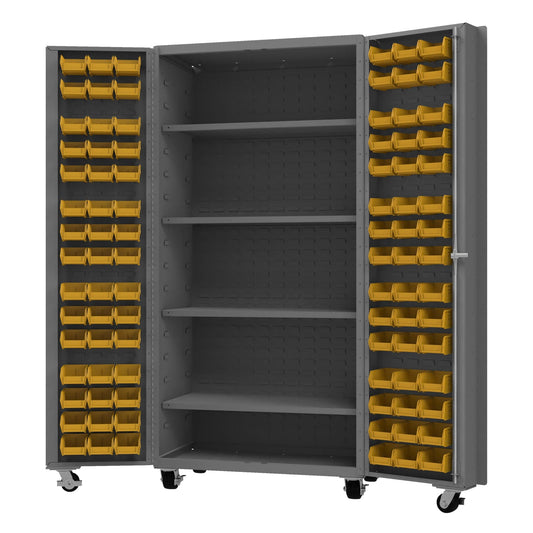 Centerline Dynamics Durham Mobile Cabinets Yellow Durham Mobile Cabinet, 14 Gauge, 96 Bins, 4 shelves, 36 x 24 x 76