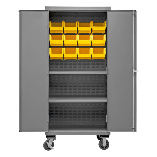 Centerline Dynamics Durham Mobile Cabinets Yellow Durham Mobile Cabinet, 16 Gauge, 2 Shelves, 12 Red Bins, 36 x 24 x 81