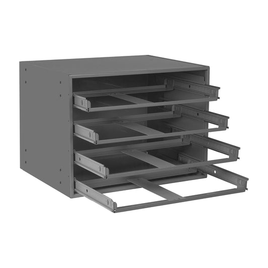 Centerline Dynamics Durham Slide Rack Durham Easy Glide Slide Rack, 4 Large Compartment Boxes, Steel, Gray
