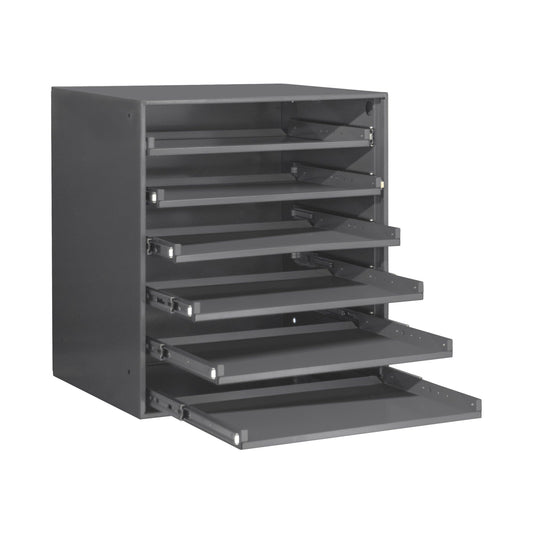 Centerline Dynamics Durham Slide Rack Durham Large Bearing Slide Rack, 6 Compartment Boxes, Heavy Duty Steel, Gray