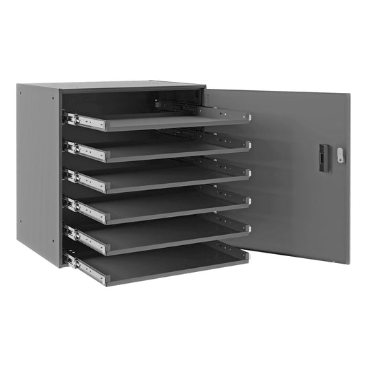 Centerline Dynamics Durham Slide Rack Durham Large Bearing Slide Rack, 6 Compartment Boxes, Locking Door, Heavy Duty Steel, Gray