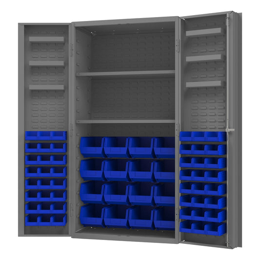 Centerline Dynamics Durham Speciality Cabinets Blue Durham Cabinet, 14 Gauge, 2 Shelves, 6 Door Trays, 64 Red Bins, 36 x 24 x 72