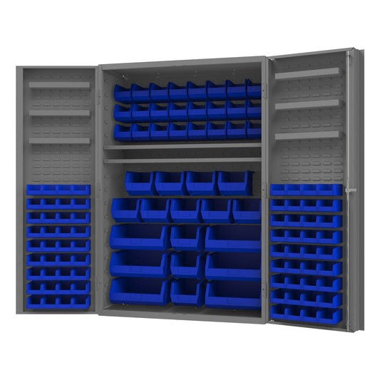 Centerline Dynamics Durham Speciality Cabinets Blue Durham Cabinet, 14 Gauge, 6 Door Trays, 2 adjustable shelves, 114 Bins, 48 x 24 x 72