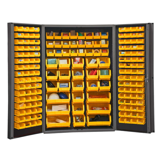 Centerline Dynamics Durham Speciality Cabinets Yellow Durham Cabinet, 14 Gauge, 176 Red Bins, 48 x 24 x 72