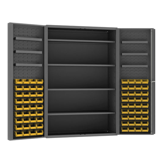 Centerline Dynamics Durham Speciality Cabinets Yellow Durham Cabinet, 14 Gauge, 4 Shelves, 6 Door Trays, 72 Bins, 48 x 24 x 72