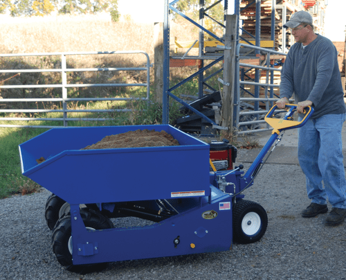 Centerline Dynamics Forklift Attachments Vestil Steel Gas Powered Drive and Tilt All-Terrain Hopper Truck 2/3 Cubic Yard 3,000 Lb. Capacity Blue ALL-T-GPT-HOP