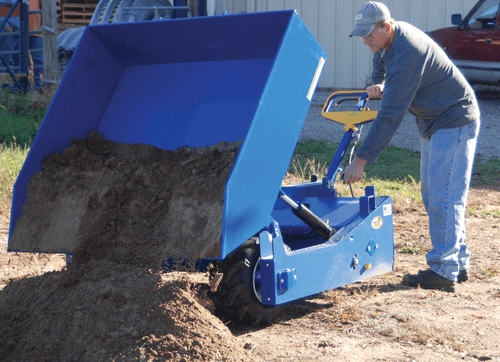 Centerline Dynamics Forklift Attachments Vestil Steel Gas Powered Drive and Tilt All-Terrain Hopper Truck 2/3 Cubic Yard 3,000 Lb. Capacity Blue ALL-T-GPT-HOP