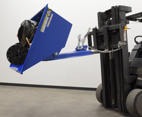 Centerline Dynamics Forklift Attachments Vestil Steel Low Profile Self Dumping Hopper .5 Cubic Yards 2,000 lb. Capacity Blue D-50-LD-LP