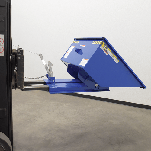 Centerline Dynamics Forklift Attachments Vestil Steel Low Profile Self Dumping Hopper .5 Cubic Yards 2,000 lb. Capacity Blue D-50-LD-LP