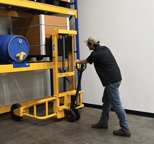 Centerline Dynamics Forklift Attachments Vestil Steel Manual Rough Terrain Stacker 62 In. Raised Height 2,000 Lb. Capacity Yellow RT-MS-62-AF