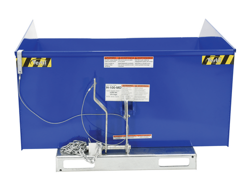Centerline Dynamics Forklift Attachments Vestil Steel Medium Duty Low Profile Self Dumping Hopper 1 Cubic Yard 4000 Lb. Capacity Blue H-100-MD