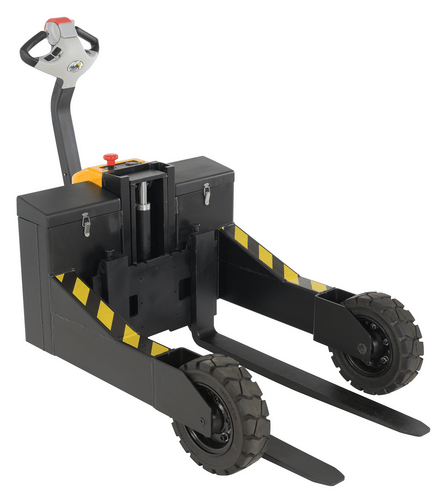 Centerline Dynamics Forklift Attachments Vestil Steel Rough Terrain Electric Pallet Truck DC Powered AC Drive Motor 24 In. Inside Width 3000 Lb. Capacity Black / Yellow RT-EPT-3-24