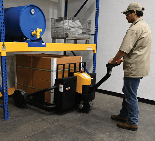 Centerline Dynamics Forklift Attachments Vestil Steel Rough Terrain Electric Pallet Truck DC Powered AC Drive Motor 48 In. Inside Width 2000 Lb. Capacity Black / Yellow RT-EPT-2-48