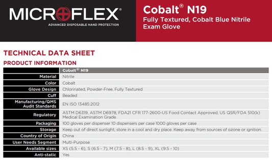 Centerline Dynamics Gloves Ansell MICROFLEX® Cobalt® N19 Nitrile Gloves, Powder-Free, Beaded, Size L, 100/Pack